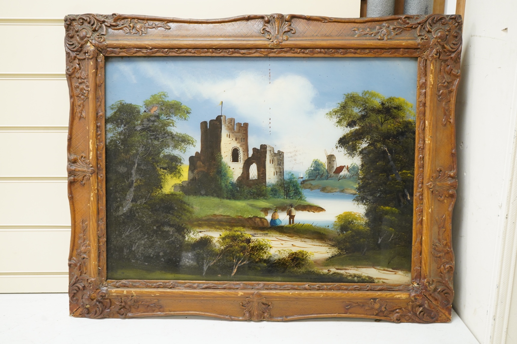 Victorian school, three reverse glass painted panels, Riverscapes, 41 x 56cm
